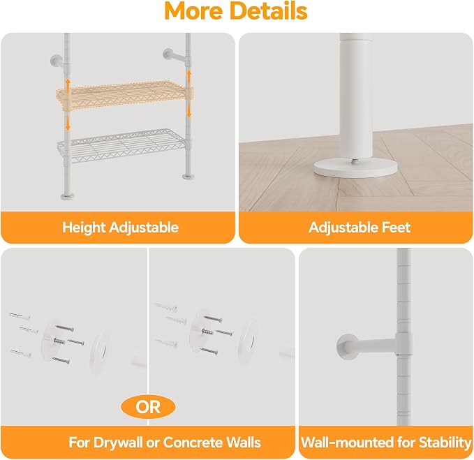 Higeego W4 Wall Mounted Closet System, Expandable Clothes Rack Heavy Duty Clothing Rack for Hanging Clothes, Industrial Pipe Closet Organizers for Reach in Closet, White