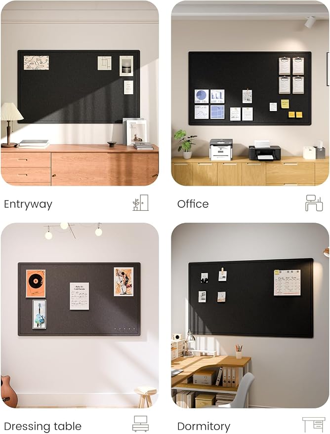 Fluxynara 59" x 35.4" Large Bulletin Board, Black | Cork Board Alternative with 24 Removable Adhesive Tabs, Foldable Felt Pin Board for Home, Office, Classroom & Dorm