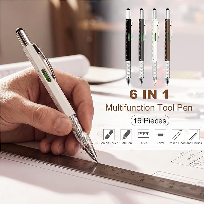 Zhanmai 4 Pcs 6 in 1 Multitool Pen Gift for Men Multi Tool Pen with Ruler Level Screwdriver Stylus Cool 10 Ink Refill Tool Gadget Birthday Christmas Stocking Stuffers (Black, Gray, Brown, White)