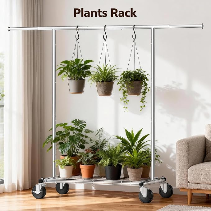 Heavy Duty Clothes Rack for Bedroom - Load 420 LBS - Rolling Clothing Rack for Hanging Clothes with Lockable Wheels & Shelves - Extendable Garment Rack for Closet Laundry - Silver