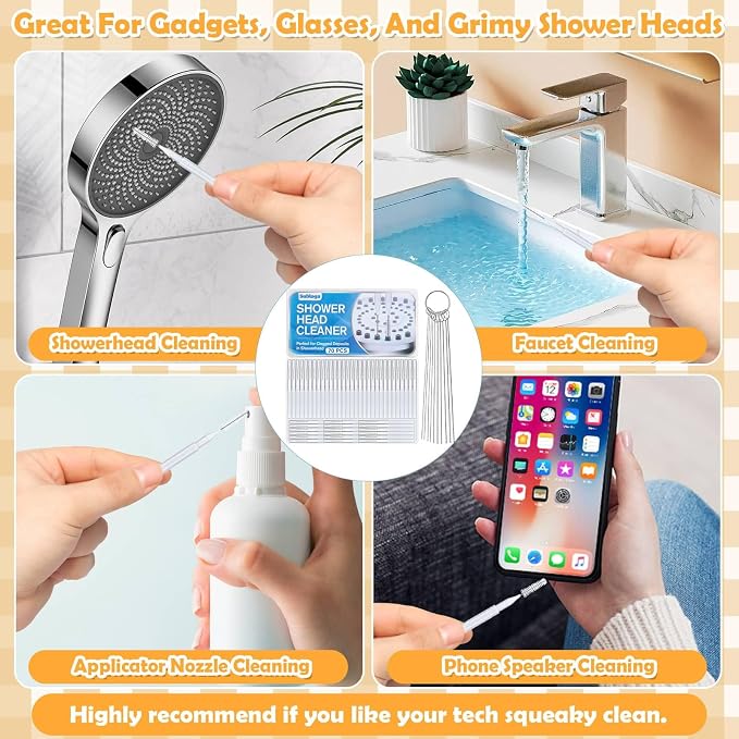 80 Pcs Shower Head Cleaner Tool–Showerhead Cleaning Brushes + Stainless Steel Picks, Small Hole Crevice Cleaning Brush for Shower Head, Shower Head Cleaner for Clog Removal & Hard Water Deposit(White)