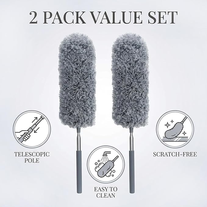 2 Pack Microfiber Duster for Cleaning, Small Dusters with Microfiber Head, Extendable Pole, Hand Washable, Cleaning Supplies for Office, Car, Window, Furniture