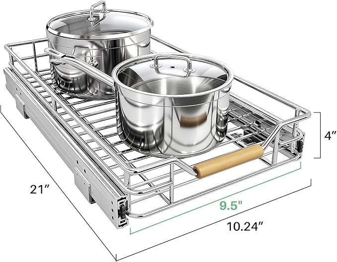 Pull out Cabinet Organizer, 11"W X 21"D, Heavy Duty Smooth Sliding Under Cabinet Shelves for Pots and Pans, Full-Extension Roll out Drawers, Slide out Organization for Home Kitchen Pantry