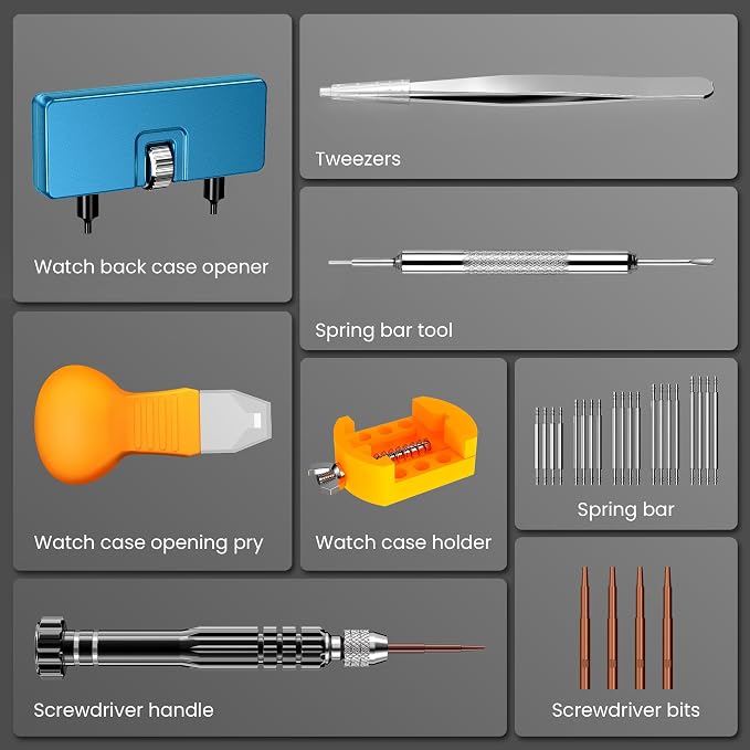 JOREST Watch Battery Replacement Kit, Watch Repair Screwdriver, Watch Band Replacement tool, Watch Wrench Back Remover, Watch Case Opener, Watch Back Remover Holder, Spring bar, Tweezers