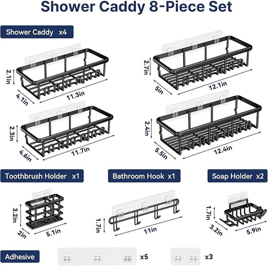 8 Pack Adhesive Rustproof Shower Caddy with Soap Dishes, Toothbrush Holder & Hooks, Large Capacity No-Drilling Shower Shelves Rack for Bathroom Organizers and Storage Accessories, Black
