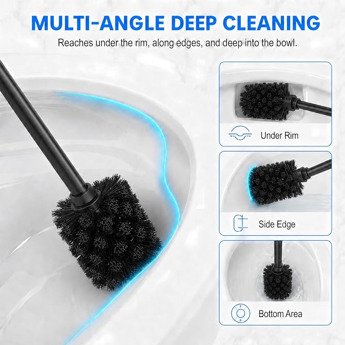 Black Toilet Brush and Holder Set,Extra Long Handled Toilet Bowl Brush and Holder,Stainless Steel Heavy Duty Toilet Brush for Bathroom,Deep Cleaning Modern Toilet Cleaner Slip Base