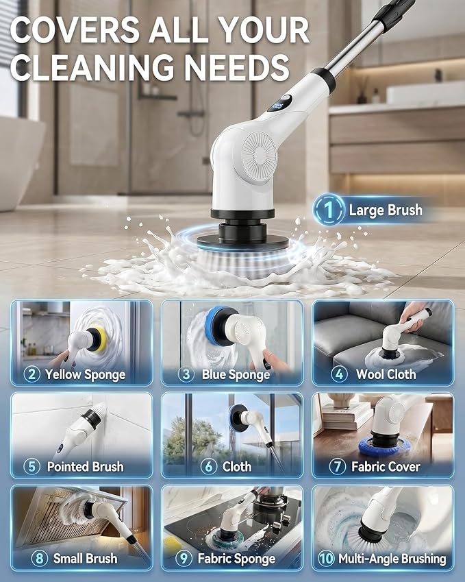 Electric Spin Scrubber, 3-Speed Shower Scrubber with Long Handle & 10 Replaceable Brush Heads, Cordless Full-Body IPX7 Waterproof Shower Cleaner Brush with 90 Mins Runtime for Bathroom