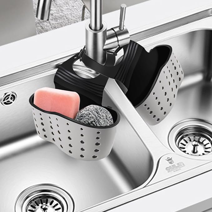 Kitchen Sink Caddy Sponge Holder for Kitchen Sink Accessories Organizer Dish Sponge Holder Ajustable Strap Faucet with Drain Holes for Drying (1 pc Beige)