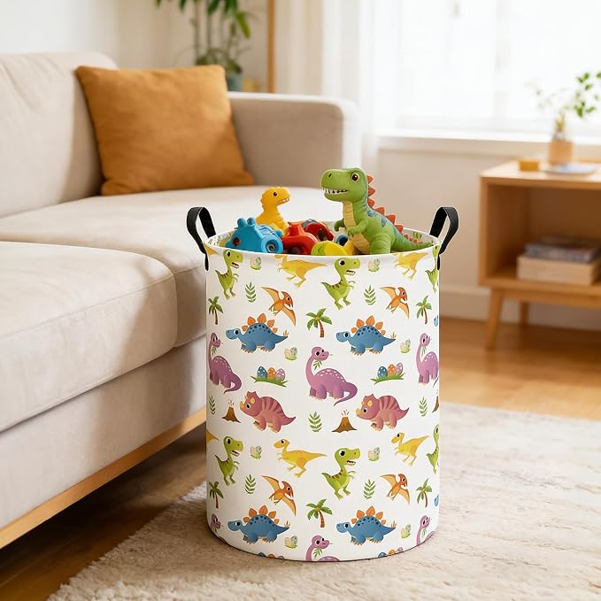 Round Laundry Basket Collapsible Storage Hamper Organizer Cute Dinosaur | Waterproof Canvas Foldable Baskets with sturdy Handles Multi-scene Organizer for Home Play Bedroom Gift Bin