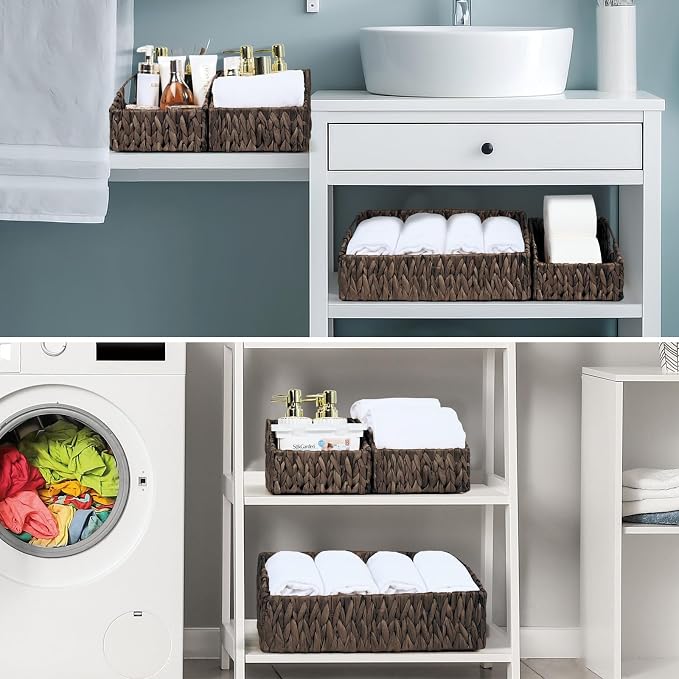 Rattan Storage Baskets, Handwoven Wicker Storage Bins with Built-in Handles, Storage Container Baskets for Shelves, Bedroom, Bathroom, Laundry Room or Kitchen(Black)