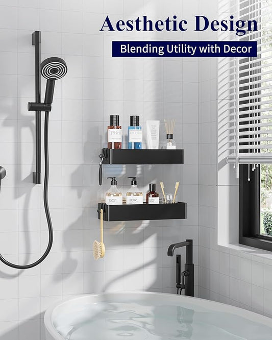 Kitsure Shower Caddy - 2 Pack Adhesive Shower Organizer, Rustproof Metal Shelves, No-Drill Bathroom Organizers and Storage, Black, Large
