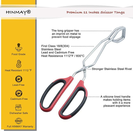 HINMAY Stainless Steel Scissor Tongs 11-Inch Heavy Duty Grilling Tongs, Set of 2