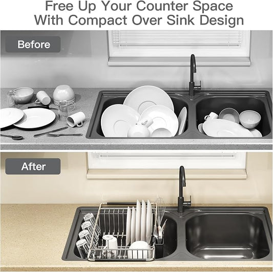 MAJALiS Dish Drying Rack Over The Sink with Utensil Holder, Mat | Expandable Stainless Steel Dish Drainer for Small Kitchen, Apartment, RV, Counter Space Saving, Perfect Fit, Rustproof