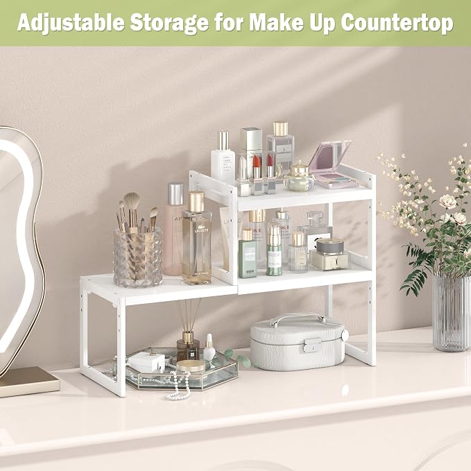 Expandable Cabinet Shelf Organizer, Stackable Kitchen Counter Shelf, White | Space Saving Metal Pantry Storage Racks for Kitchen Spice Rack Pans and Untensils Bathroom Office Organization, 2-Tier