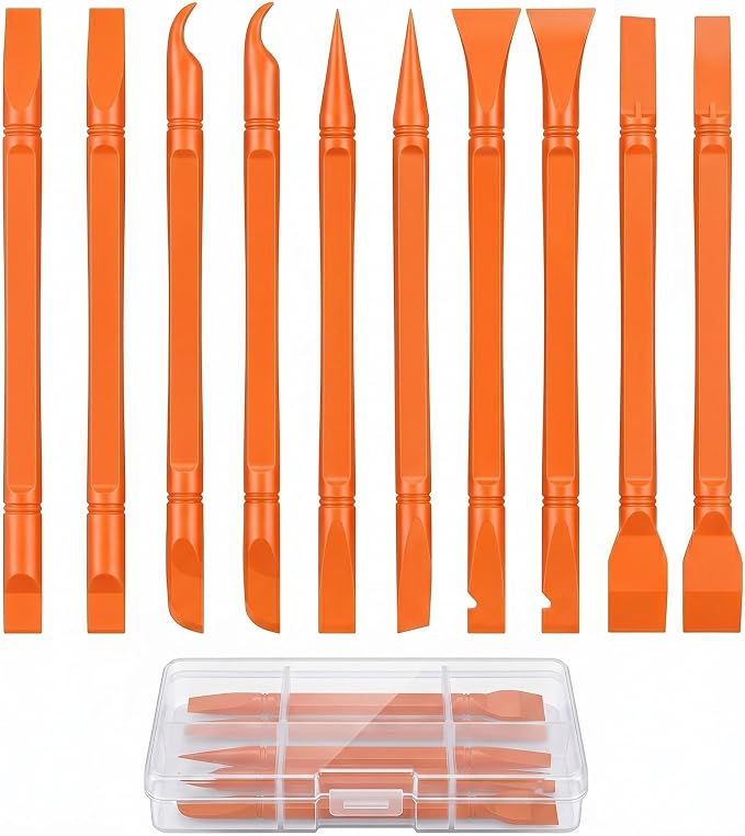10Pcs Plastic Scraper Tools with Storage Case, Car Detailing Tools Kit, Multi-Purpose Cleaning Sticks for Tight Gaps, Removing Stickers, Labels, Grease & Dirt, Orange
