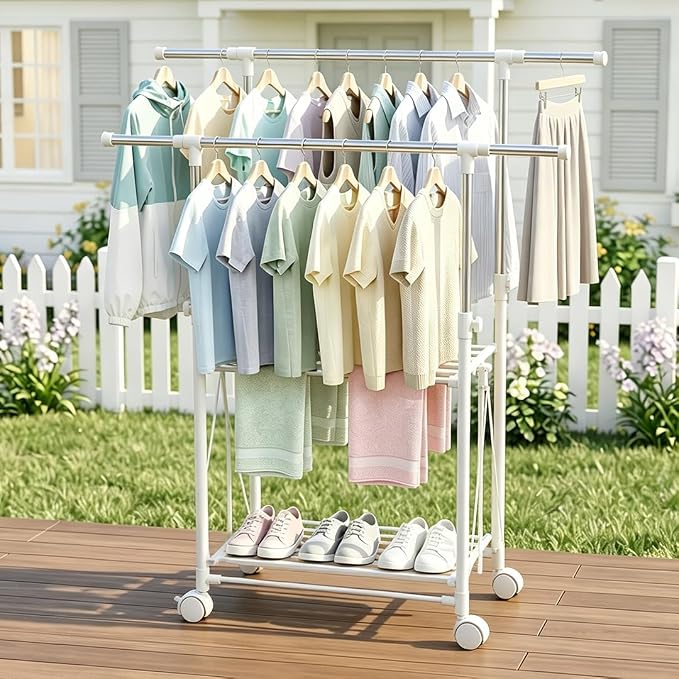 Clothes Drying Rack Foldable,Height & Length Adjustable Drying Rack | Large Drying Rack with 2-Tier Long Pole,Bedding,Lothing,Space Saving Drying Rack Clothing for Apartment,Balcony, White