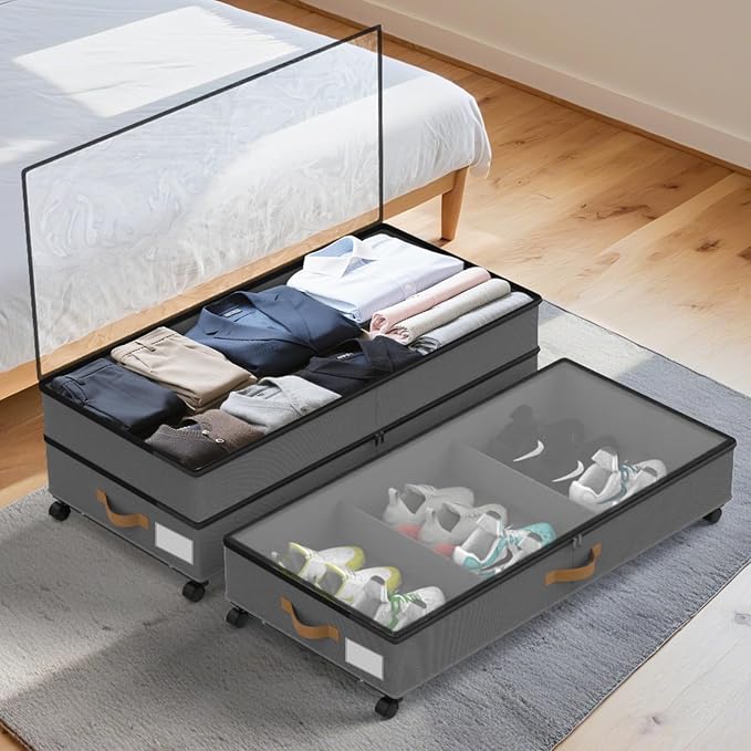 75L 4 Pack Adjustable Under Bed Storage with Wheels | Underbed containers with clear lids, rolling under bed shoe storage organizer for dorm home clothes, blankets, shoes, Grey