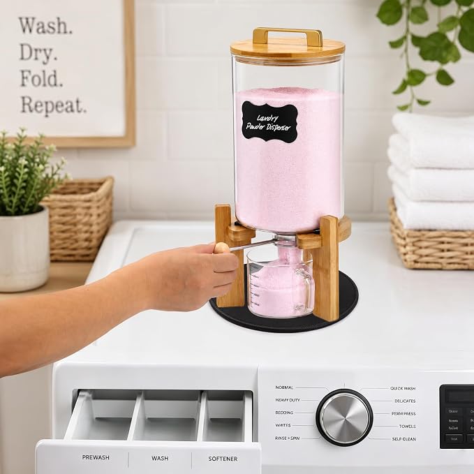 Laundry Detergent Dispenser,Glass Laundry Powder Dispenser with Bamboo Base,Suitable for Scent Beads and Powdered Laundry Detergents in the Laundry Room,Capacity: 4L/8lb/128oz
