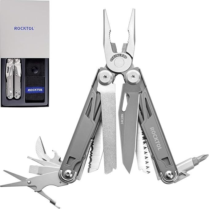 SK02 Multitool,14C28N Blade,19-in-1 Multitool Pliers with Titanium-plated Handle, Safety Locking, Lightweight EDC Tool and Nylon Sheath for Men,Outdoor Survival,Hiking,Camping