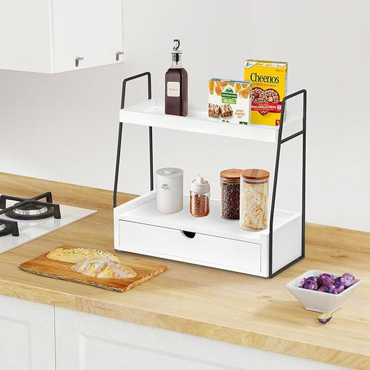 2-Tier Bathroom Organizer Countertop with Drawer, Wood Counter Organizer for Bathroom Decor, Sink Shelf for Vanity Storage, Makeup Tray for Perfume Skincare, Spice Rack Bedroom Kitchen Corner 