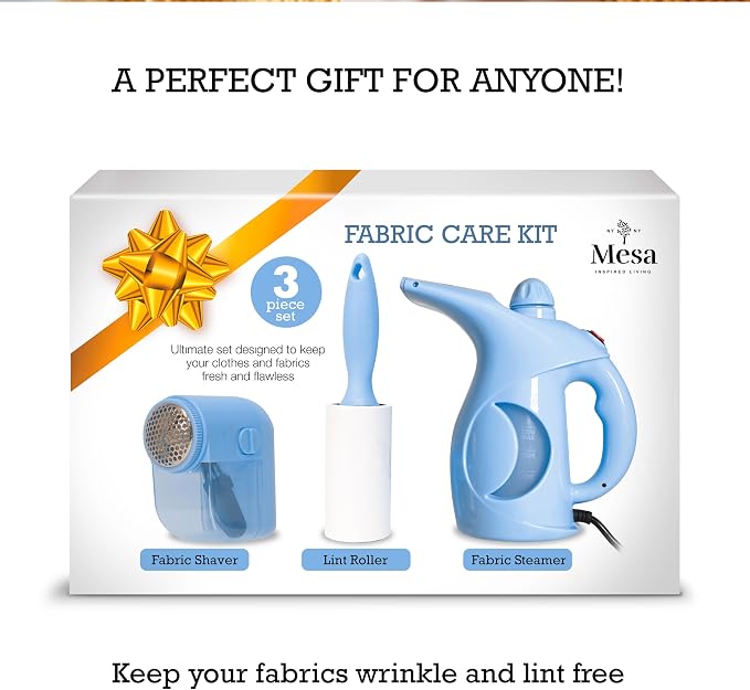 Inspired Living Fabric Care Kit – 3-Piece Clothes Care Set with Handheld Steamer, Lint Roller & Fabric Shaver/Defuzzer – Travel Steamer & Wrinkle Remover Kit – Blue Egg