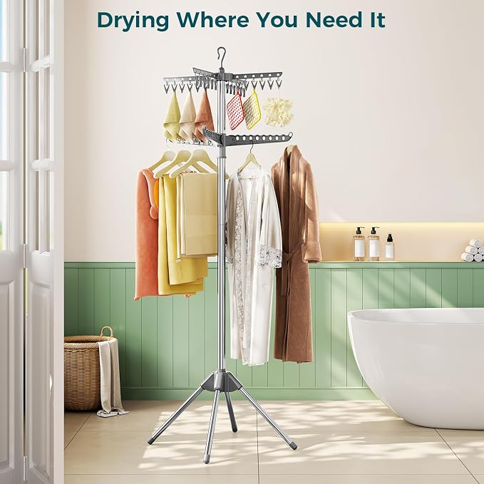 KINGBOARD 2-Tier Clothes Drying Rack, 72" H Drying Rack, 7 Rotatable Arms | 360° Rotatable Arms, 27 Hanger Holes, 24 Clips, Stainless Steel, Tool-Free Setup, Portable for Travel & Home, 30lbs Hold