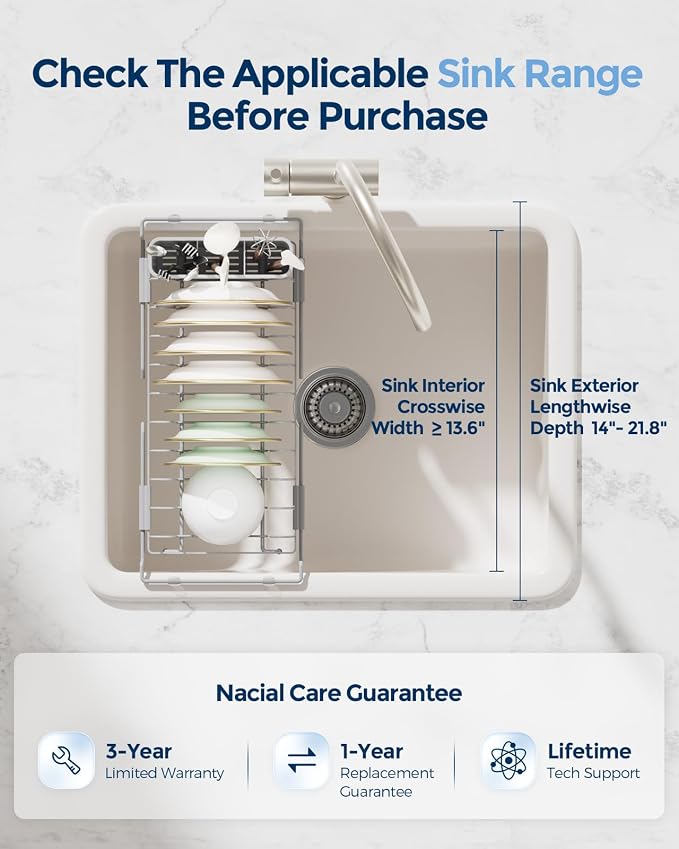 Nacial 2-in-1 Small Dish Drying Rack Fits 14''–21.8'' Sink, Dish Drainers for Kitchen Counter Extend Kitchen Sink Drain Basket with Utensil Holder & Auto-Drain Tray, Stainless Steel Plate Rack, Gris