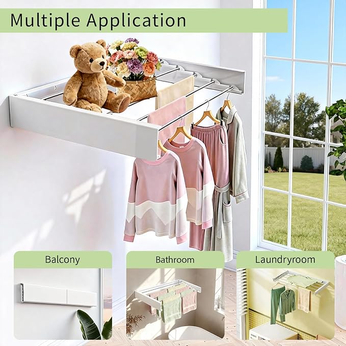 31.5 Inch Wall Mounted Clothes Drying Rack, Foldable Laundry Rack | Space Saving Wall Mounted Drying Rack with 5 Aluminum Rods, 40 lbs Capacity, Foldable Design for Laundry Room, Bathroom