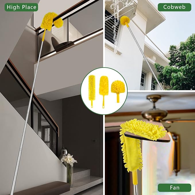 17FT Extendable Duster, 2-9 ft Extension Pole for High Ceilings | Sturdy Stainless Steel Pole , Replaceable Cobweb and Microfiber Heads Cleans Ceiling Fans, Corners and Hard-to-Reach Areas