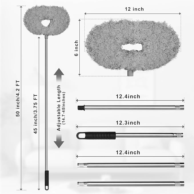 Eunice 13-50 Inches Ceiling Fan Duster with Extension Pole | Extendable Microfiber Cleaning Brush for High Ceiling, Blades, Cobwebs, Adjustable Dusting Tool for Home,Window,Door(Gray)