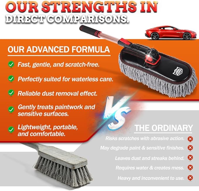 Extendable Exterior Car Duster - Washable Microfiber | Lightweight sweeper for fast dirt removal. Reusable & easy to clean. Storage bag included. Fits auto, RV, truck, motorcycle.