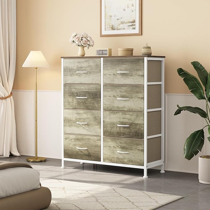 OLIXIS 8 Drawer Storage Dresser for Bedroom, Closet Organizers Units | Fabric Dresser with Wooden Top, Chest of Drawers Clothes Storage, Tower Cabinet, TV Stand Furniture, Oak Greige