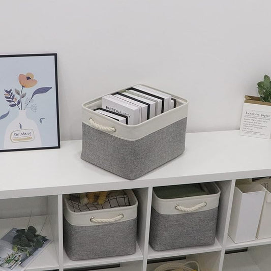 Bidtakay Baskets Set of 3 Storage Baskets for Organizing Large Fabric Storage Bins for Shelves Decorative Canvas Bins Collapsible Empty Baskets for Closet,Nursery,Clothes,Toys,Shoes(White&Grey)