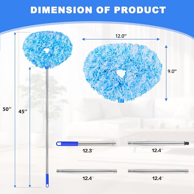Ceiling Fan Cleaner Duster Reusable Microfiber Ceiling Fan Blade Cleaner Removable Duster with Extension Pole Adjusts 13 to 49.7 Inch for Cleaning Walls Furniture Door Window Top (Blue White)