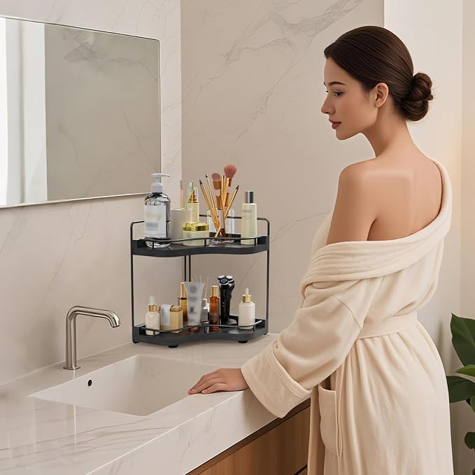 2-Tier Corner Bathroom Counter Organizer, Larger Size | Embedded Screw Holes, Sturdy & Stable, Oversized, Holds More, Vanity Shelf for Makeup & Skincare, Black