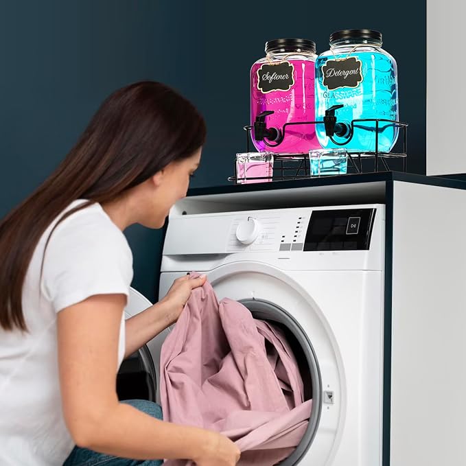 2 Sets 1 Gallon Laundry Detergent Dispenser with Stand, Measuring Cup, Glass Laundry Detergent Containr for Laundry Room Organization
