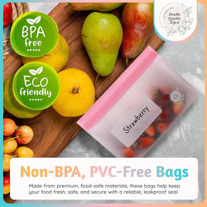 Reusable Food Storage Bags β 6-Pack Stand-Up, BPA-Free, Freezer, Dishwasher Safe & Eco-Friendly β 6 Gallon Bags β Airtight Leakproof, Organization and Storage Baggies (Multicolor (Green))