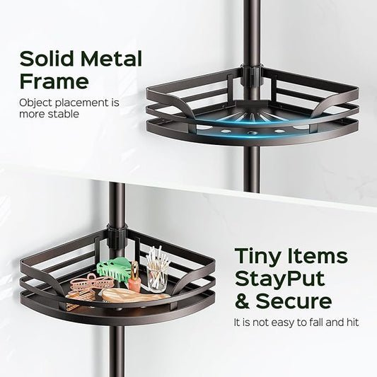 HAMITOR Shower Caddy Tension Pole: Rustproof Bathroom Corner Shelf for Renters, 47-121 inches Adjustable Organizer with Soap Holder-Large Capacity Rack for Shampoo Storage Home Accessory- Bronze