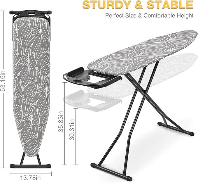 APEXCHASER Foldable Ironing Board Full Size, Iron Board with Heat Resistant Cover, Iron and Ironing Boards Set with 7-Lever Height Adjustable, Iron Table Stand with Non-Slip Metal Legs 14x54, Grey