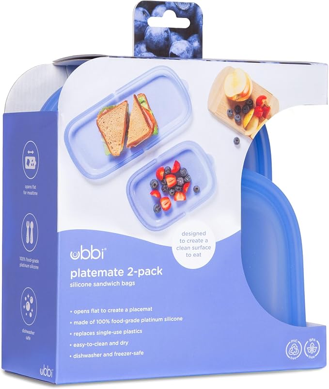 Ubbi Platemate Reusable Silicone Storage Bag, Smoothie Purple | Opens Flat as Placemat, Dishwasher & Freezer-Safe, Lunch Container, Leakproof Sandwich & Snack Bag, Easy to Clean, BPA-Free