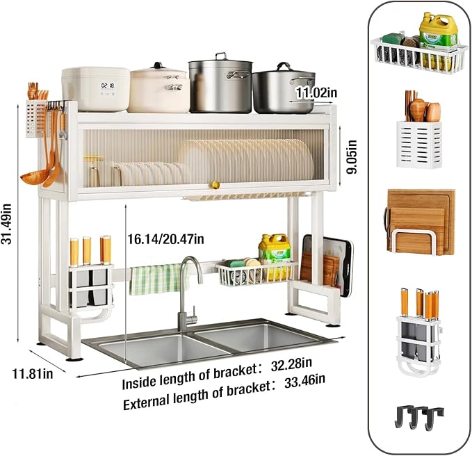 Hdrriozu Over the Sink 3 Tier Dish Drying Rack with Cover, Milkshake White | Rust resistant built last. Easy install simple tools. Holds dishes glasses bowls. Space saving over sink tidy kitchen.