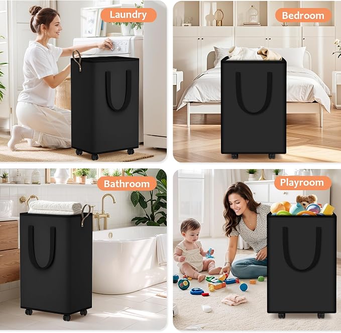 SpaceTrove Rolling Laundry Basket with Wheels, Laundry Hamper, 100L, Black | Collapsible, 4 detachable wheels including 2 with brakes, sturdy handle, metal frame, for dorms, bathrooms and bedrooms