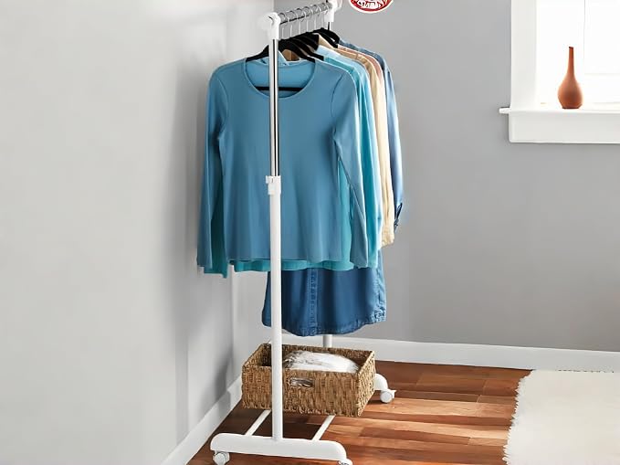 Adjustable Rolling Garment Rack 84-121cm Wide, Chrome White with Wheels | Sturdy steel, tool-free setup; height adjusts 123.5-163cm; smooth casters; ideal for bedroom, closet & laundry organization.