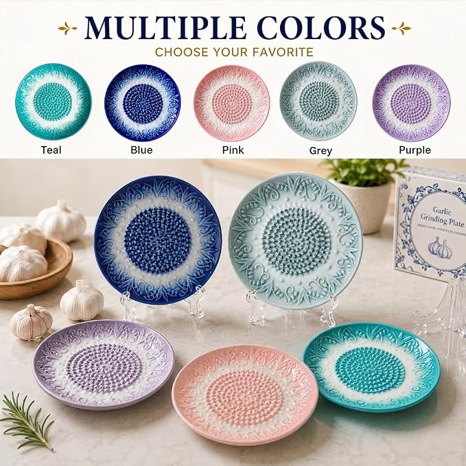 Ceramic Garlic Grater Plate Set with Rack & Cleaning Brushs(Teal)