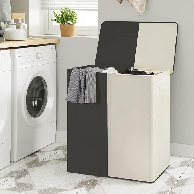 WOWLIVE Double Laundry Hamper with Lid, 154L Large Laundry Basket Organizer | Collapsible Dirty Clothes Hamper 2 Section, with Removable Laundry Bags for Laundry Room, College Dorm, Black and Beige