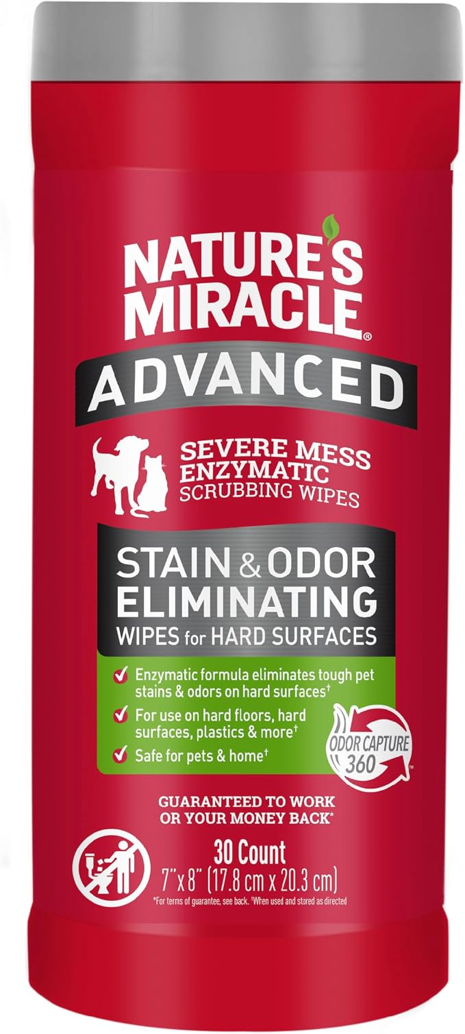 Nature's Miracle Advanced Pet Stain & Odor Eliminating Wipes, 30 Count | Enzymatic Cleaner Eliminates Tough Pet Messes, Quick Clean-Up For Hard Surfaces, Safe For Pets and Home*, Fresh Scent
