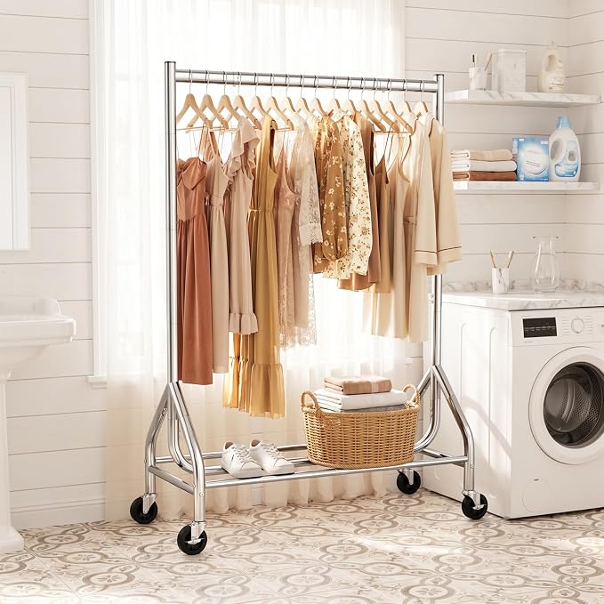 EAGMAK Heavy Duty Clothes Rack Load 268 LBS, 31.5 inch Hanging Rod, Silver | Metal Frame, Stable Base, Compact Size, Rolling Smooth, For Bedroom Closet Entryway Laundry Living Room Home Garage Storage