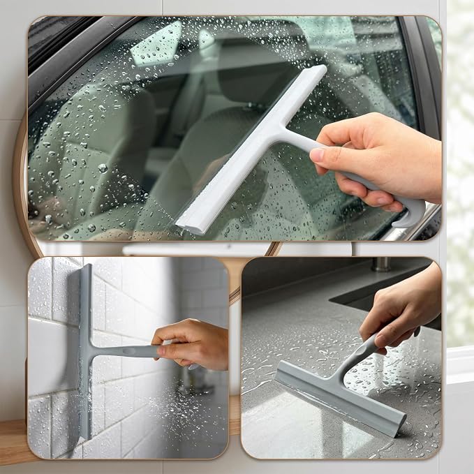 Shower Squeegee for Glass Doors, 10 Inch Silicone Shower Squeegee with Built-in Hook, Squeegee for Shower Glass, Bathroom Shower Door Squeegee for Tile Wall, Mirror, Window, Car Glass (Grey)