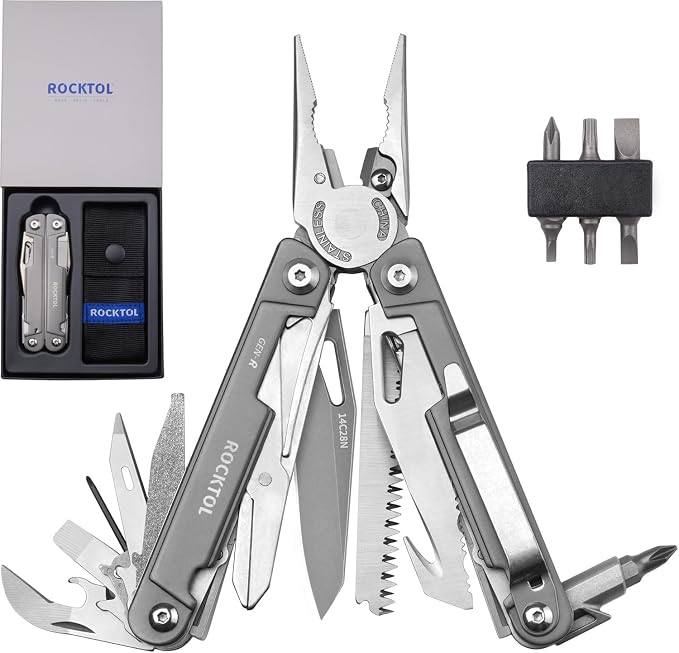 Gen-R Multitool, 14C28N Blade, Titanium-plated Handle, 27-in-1 Multi-tool, EDC Pocket Knife, Precision Screwdriver, Gut Hook for Hunting, Backpacking, Hiking, Camping, Repairing