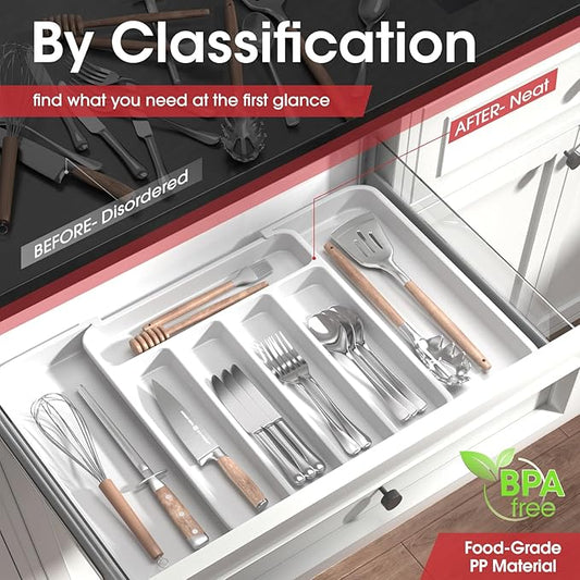 Aujen Silverware Organizer - Expandable Kitchen Drawer Organizer, Adjustable Utensil Organizer, Cutlery Tray for Forks, Knives, Multipurpose Kitchen Organizers and Storage Solution, White, Medium